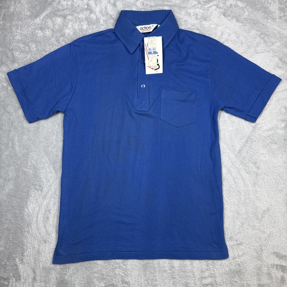 Vintage Action Polo Shirt Men Medium Blue Classic Deadstock Blank Plain 80s READ